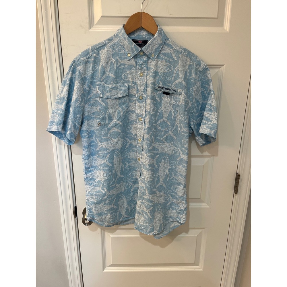 Vineyard Vines Mens Harbor Shirt Blue Fish Print Performance Fishing 1W3116 Sz.M